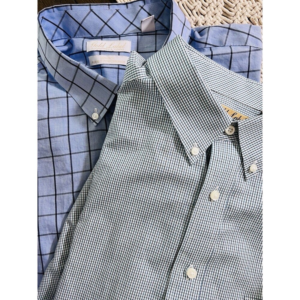 Lot of 2 Roundtree Yorke Gold Label 3XB Dress Shirts Blue Grid Check Non Iron